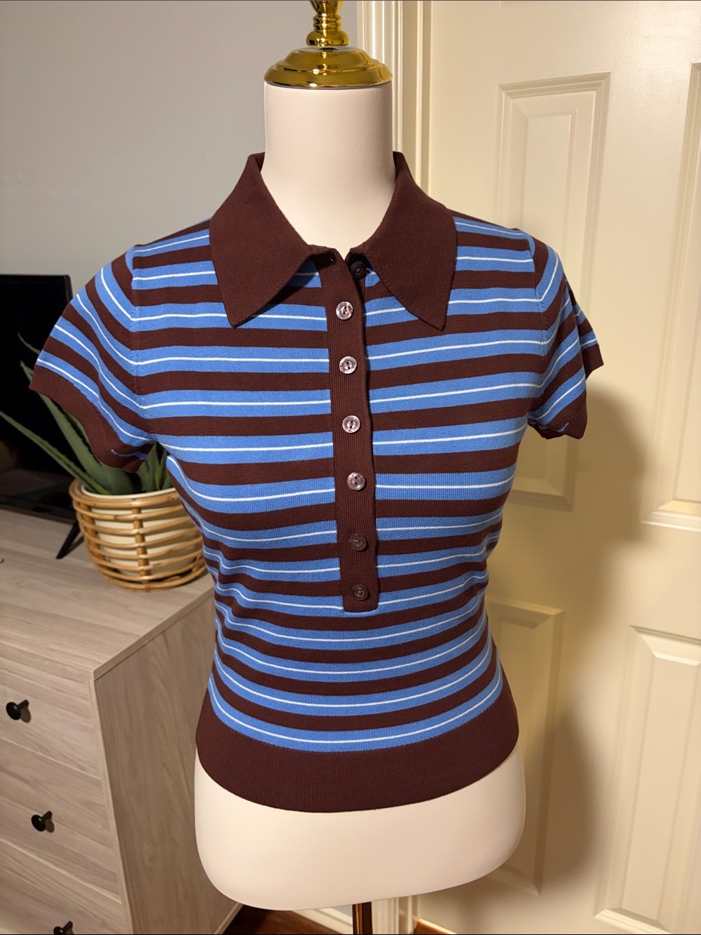 NWT Reformation 🤎💙 Bentley Crop Polo Sweater in Mahogany Multi Strip - Picture 10 of 14